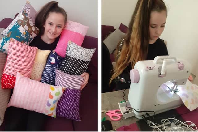 Rosie Niven, 12 from Buckland, is creating colourful cushions to raise funds for children's mental health charities. Pictured: Rosie with some of her creations and, right, hard at work