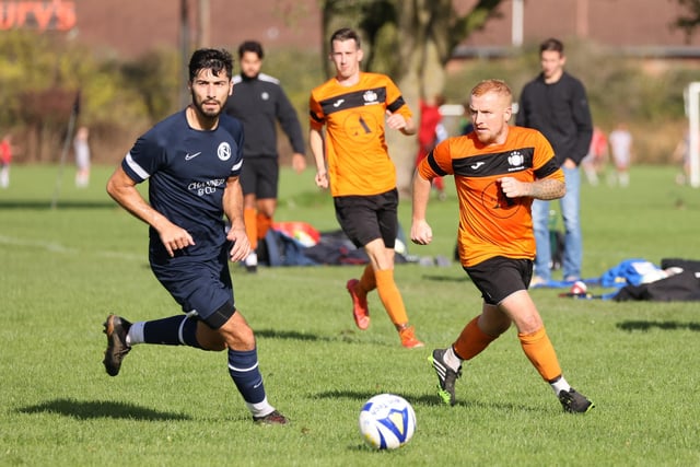 Mother Shipton (orange/black) v North End Cosmos. Picture by Kevin Shipp