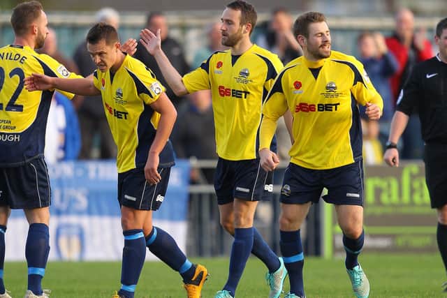 Gosport celebrate a goal during their 6-3 FA Cup first round loss to Colchester in 2014 - the only time Borough have reached that stage of the competition. Picture: Dave Haines