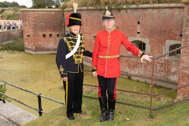 Pictured is: Sue Heath dress as a Hussar with Gary Cool in a mixed uniform from the Victorian era.Picture: Keith Woodland (110921-126)