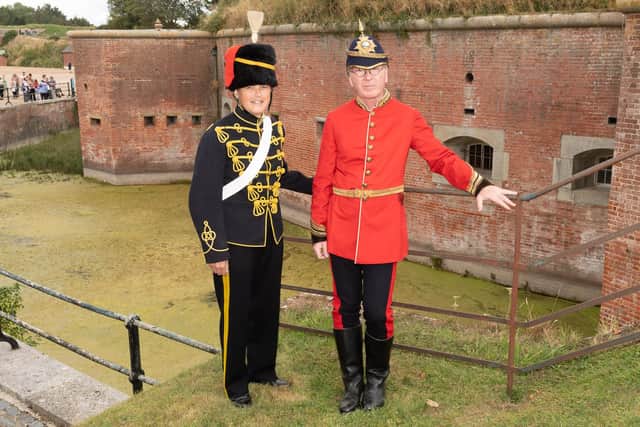 Pictured is: Sue Heath dress as a Hussar with Gary Cool in a mixed uniform from the Victorian era.

Picture: Keith Woodland (110921-126)