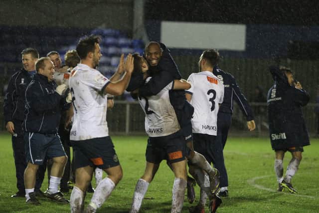 Hawks players celebrate after beating Aldershot 4-1 in the FA Trophy in 2014. Pic: Dave Haines