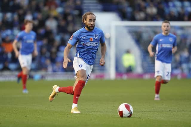 Portsmouth midfielder Marcus Harness during the FA Cup match between Portsmouth and Harrow Borough at Fratton Park, Portsmouth, England on 6 November 2021.
