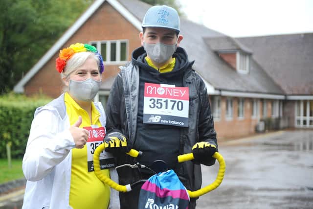 Harley Salter (25) with his mum Vanessa Salter. Harley raised more than £1,000 for Rowans Hospice by completing the virtual Virgin Money London Marathon.
Picture: Sarah Standing (041020-4915)
