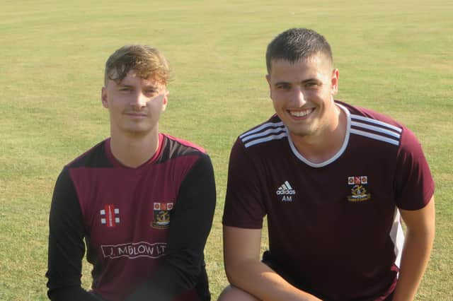 Morgan Frost, left, and Andrew Martin put on 70 for Fareham & Crofton's last wicket in their first SPL victory of 2023. Picture by Mike Vimpany