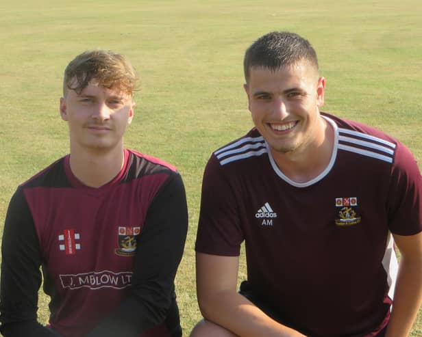 Morgan Frost, left, and Andrew Martin put on 70 for Fareham & Crofton's last wicket in their first SPL victory of 2023. Picture by Mike Vimpany