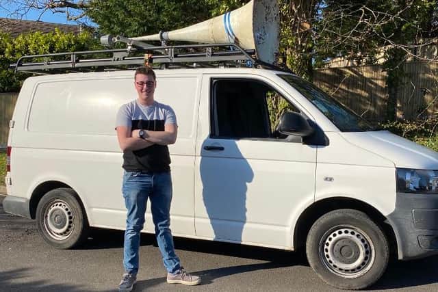 20-year-old James Gardner with his PA system equipped van. Picture: James Gardner