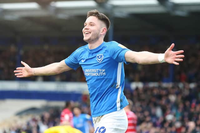 George Hirst celebrates his goal in Pompey's 4-0 win against Doncaster Rovers
