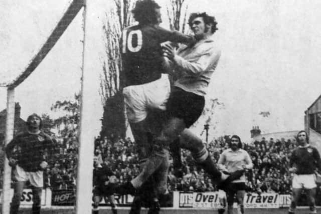Ray Hiron was a towering centre-forward who scored 117 times for Pompey, making him the sixth-highest score in the club's history. Here he is against Oxford United