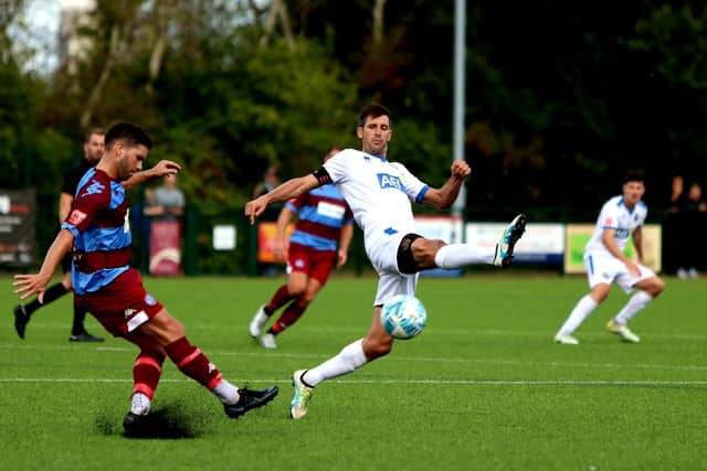 Gosport's Danny Hollands in FA Cup action at Hamworthy. Picture by Tom Phillips