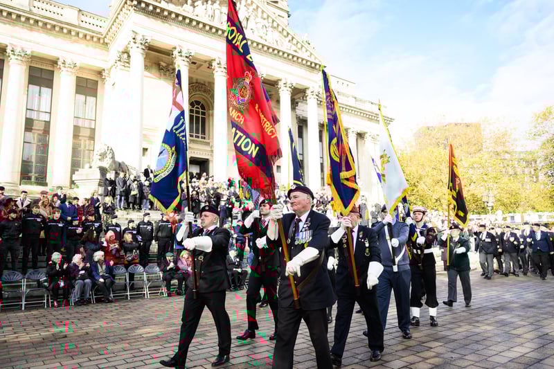 Pictured is: Standard Bearers led the veterans off the parade
Picture: Keith Woodland (121121-216)