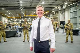 First Sea Lord, Admiral Tony Radakin outlining the Royal Navy’s future priorities in a speech onboard HMS Prince of Wales on 8 October 2020.Pictured: First Sea Lord, Admiral Tony Radakin with future commando force wearing their new uniform.Picture: Habibur Rahman