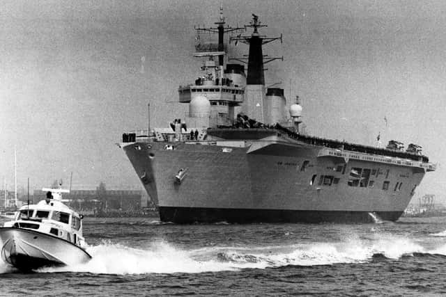 HMS Invincible leaving Portsmouth for Falklands in 1982. The News PP4866