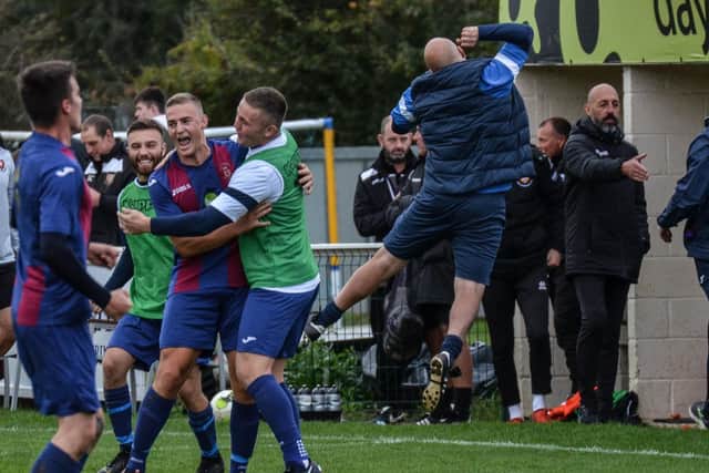 US Portsmouth celebrate their FA Vase victory at AFC Portchester earlier this season