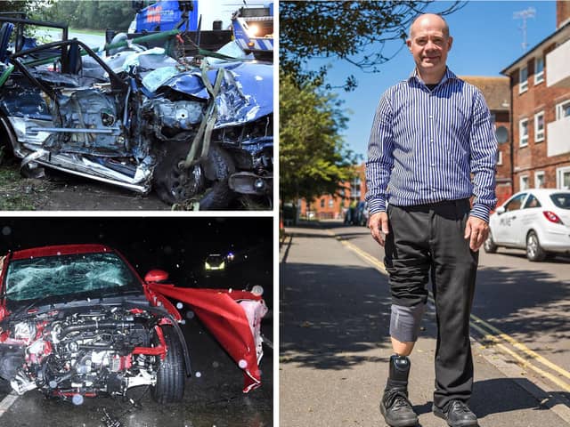 Rusty Brown survived a 100mph horror crash and has now said his life is back 'on track' - and he's not been put off driving. Top left shows Rusty's Mitsubishi Shogun with below, the jailed driver's Jaguar 4x4 vehicle. Pictures: Sussex police/Mike Cooter