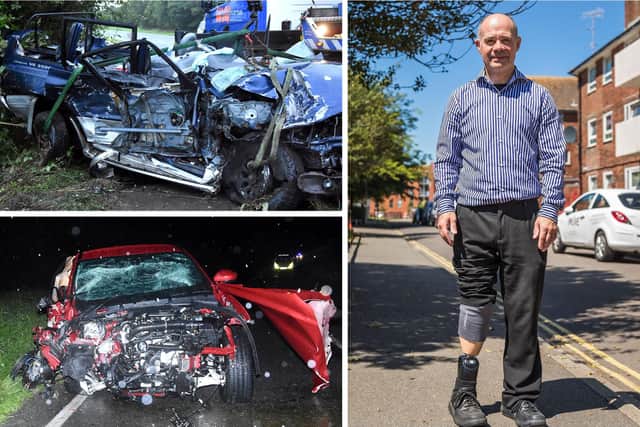 Rusty Brown survived a 100mph horror crash and has now said his life is back 'on track' - and he's not been put off driving. Top left shows Rusty's Mitsubishi Shogun with below, the jailed driver's Jaguar 4x4 vehicle. Pictures: Sussex police/Mike Cooter