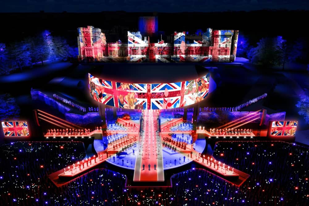A BBC handout CGI of a representation of the staging for the forthcoming Coronation Concert which will be broadcast live from the grounds of Windsor Castle on BBC One, BBC iPlayer, BBC Radio 2 and BBC Sounds on Sunday May 7 from 8pm.