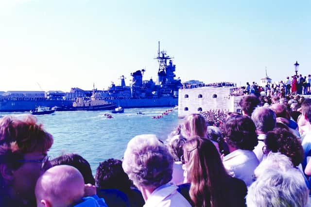 USS Iowa arrives for her 1986 visit to Portsmouth. Picture: Tim King