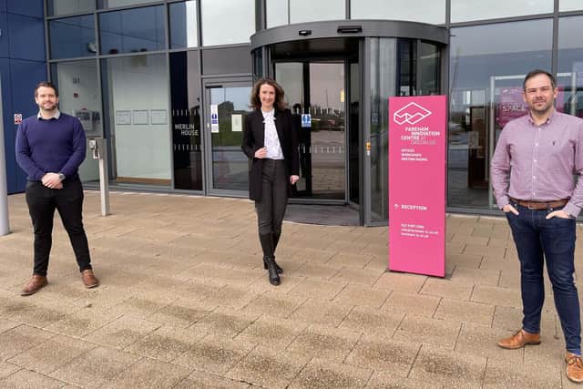 Co-founders of Source Solutions Simon Horspool, left, and Tom James with Monika Dabrowska, the innovation director at Fareham Innovation Centre