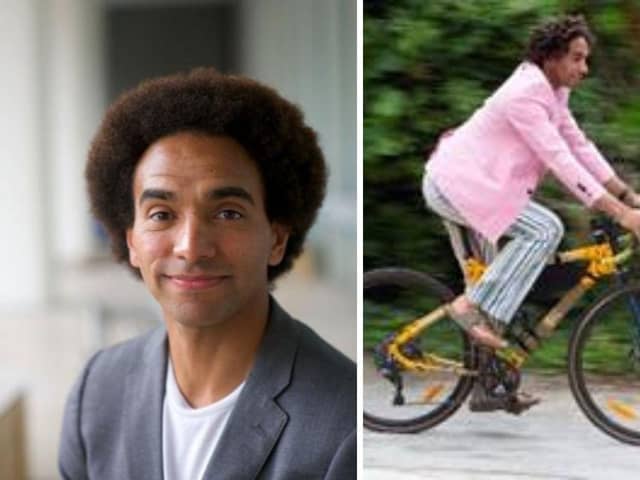 The celebrated author will cycle across the South West on his 'bamboo bicycle'.
