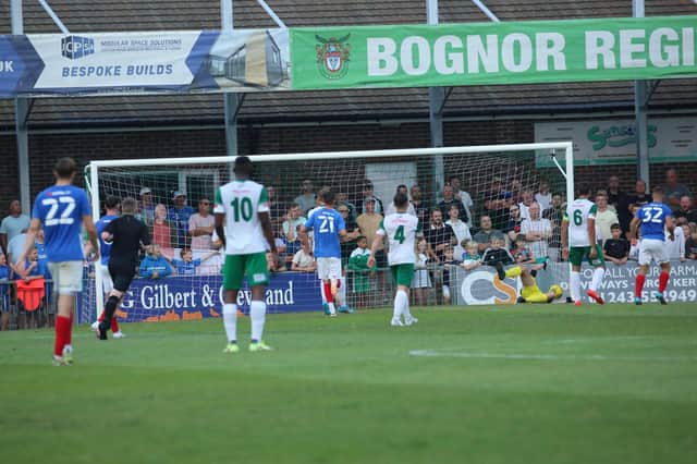 Pompey grab a first-half equaliser through an excellent far-post volley from Harry Jewitt-White (out of the picture). Picture: Martin Denyer