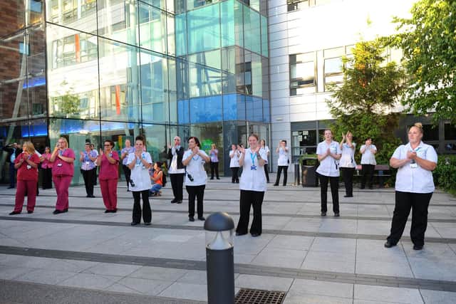 Clap for Carers taking place at Queen Alexandra Hospital in Cosham, along with the Rose and Thistle Pipe Band on Thursday, May 28.
Picture: Sarah Standing (280520-9099)