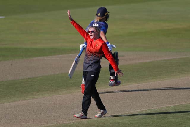 Southern Vipers' Charlie Dean appeals successfully for the wicket of Northern Diamonds' Linsey Smith. Picture: David Davies/PA Wire.