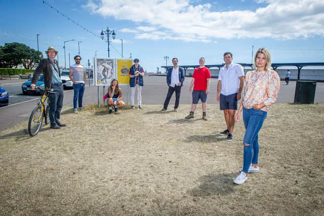Artists, from left: William Sutton,Mark Persaud, Angela Chick, Clarke Reynolds, Kevin Dean, Ryan Dodd, Joe Munro and project manager, Billie Coe on the arts trail in Southsea. Picture: Habibur Rahman