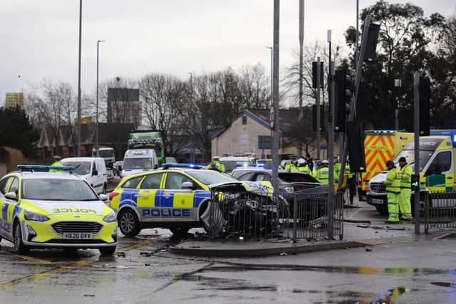 Emergency service at the scene of the crash on the M275, which injured a female police officer. Photo: Habibur Rahman