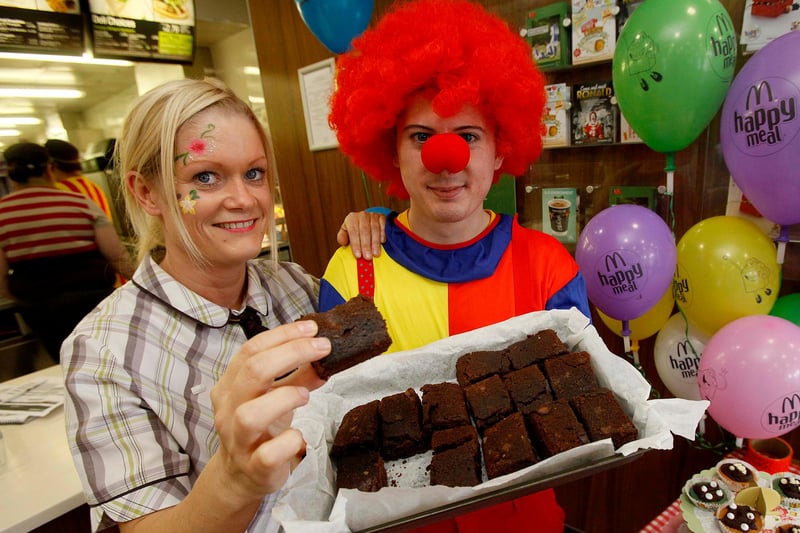 Staff members Tarena Oates and David Michael with some of the cakes on sale during the event at McDonald's in Hartlepool in 2015.