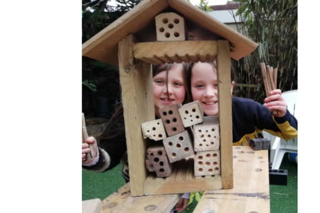 Jess and Keely Dawson from Meon Junior School in Portsmouth, with their bee hotel. Picture: Supplied