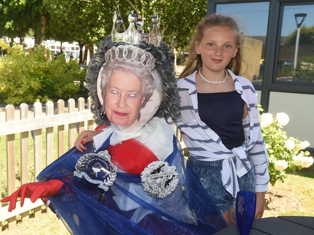 Gomer Junior School in Alverstoke, celebrated The Queen's Platinum Jubilee by making royal family scarecrows. Pictured is: Sophia Cook (10).