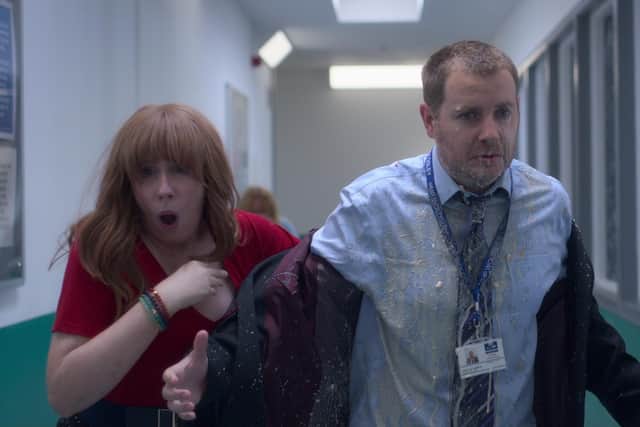 A scene from Hard Cell with Catherine Tate playing Laura, the prison governor. Leopard Pictures/Netflix