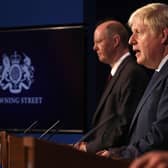 Chief Medical Officer for England Chris Whitty and Britain's Prime Minister Boris Johnson attend a media briefing on the latest Covid-19 update, at Downing Street. Picture: Dan Kitwood/POOL/AFP via Getty Images