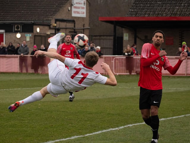 Horndean's ZacK Willett tries an acrobatic attempt on goal. Picture: Keith Woodland