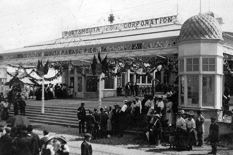 Excited locals on the opening day of South Parade Pier on August 12, 1908