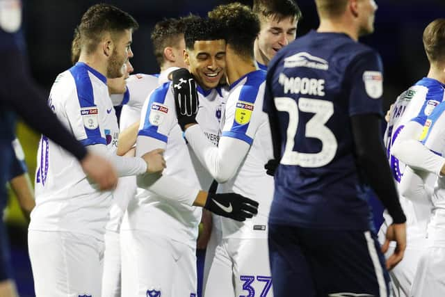 Louis Dennis celebrates scoring against Southend. Picture: Joe Pepler