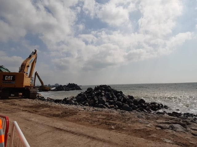 Ongoing work to create groynes which will break up the energy of the waves hitting the shore
