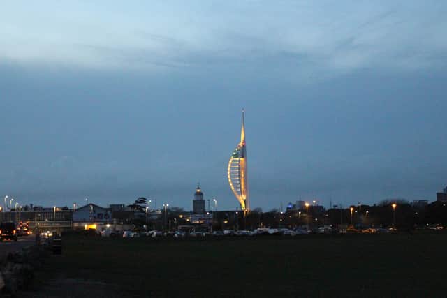 The Spinnaker Tower was lit up with yellow as it started to get dark. Picture: Emily Turner