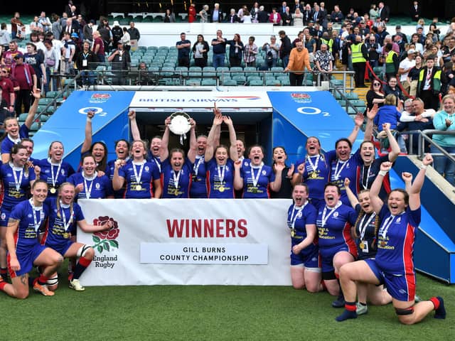 Hampshire celebrate retaining the Gill Burns Division 2 County Championship silverware at Twickenham. Picture by Leo Wilkinson (www.leothephotographer.co.uk)Credit