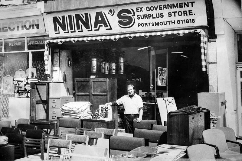Nina s Surplus store, Southsea was shutting after 42 years on 19 August 2020. 
Pictured:  Maurice Anderson outside the shop in 1980.