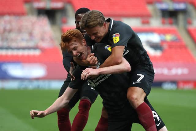 Callum Morton, on loan from West Brom, celebrates scoring for Northampton in the League Two play-off final. Picture: David Rogers/Getty Images