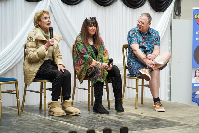 Two bond girls in the 70s speak on stage on Comic Con in Gosport. Pictured is: Madeline Smith and Caroline Munro. Picture: Alec Chapman
