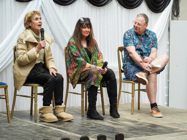 Two bond girls in the 70s speak on stage on Comic Con in Gosport. Pictured is: Madeline Smith and Caroline Munro. Picture: Alec Chapman