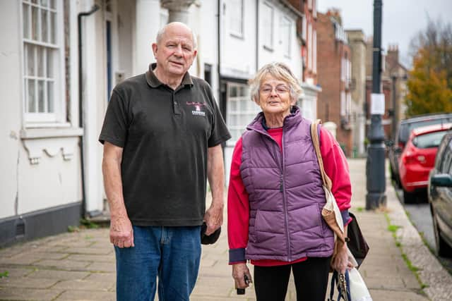 Roy Gillingham with fellow resident Jane Kemm outside Fareham Wine Cellar, High Street, Fareham. Picture: Habibur Rahman