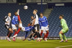 Tino Anjorin opened the scoring for Pompey against Gillingham with a spectacular overhead kick. Picture: Jason Brown/ProSportsImages