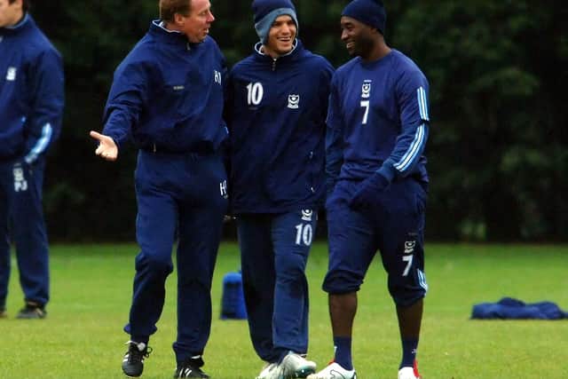 Harry Redknapp is all smiles with Laurent Robert and Lomana LuaLua during his first training session after returning as Pompey boss in December 2005. But within a month, Robert had left. Picture: Robin Jones