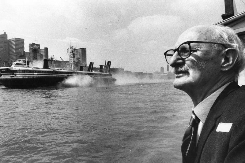 Sir Christopher Cockerell watches the 'Princess Margaret', the British Hovercraft Corporations latest craft, roar up the Thames.   (Photo by Evening Standard/Getty Images)