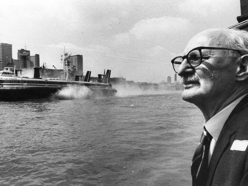 Sir Christopher Cockerell watches the 'Princess Margaret', the British Hovercraft Corporations latest craft, roar up the Thames. (Photo by Evening Standard/Getty Images)