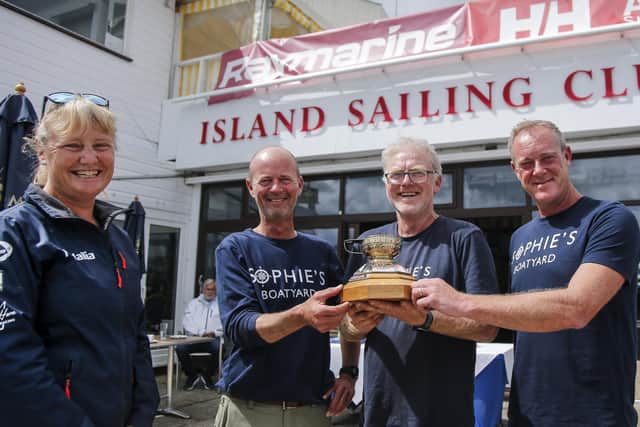 Pip Hare with the Chrete crew that won the Silver Gilt Roman Bowl at the 2021 Round the Island race. Credit: Paul Wyeth